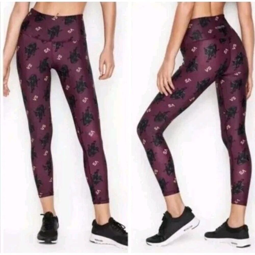 Victoria Sport Leggings Small Black Panther Print Crown Purple Gym Workout‎ Rare